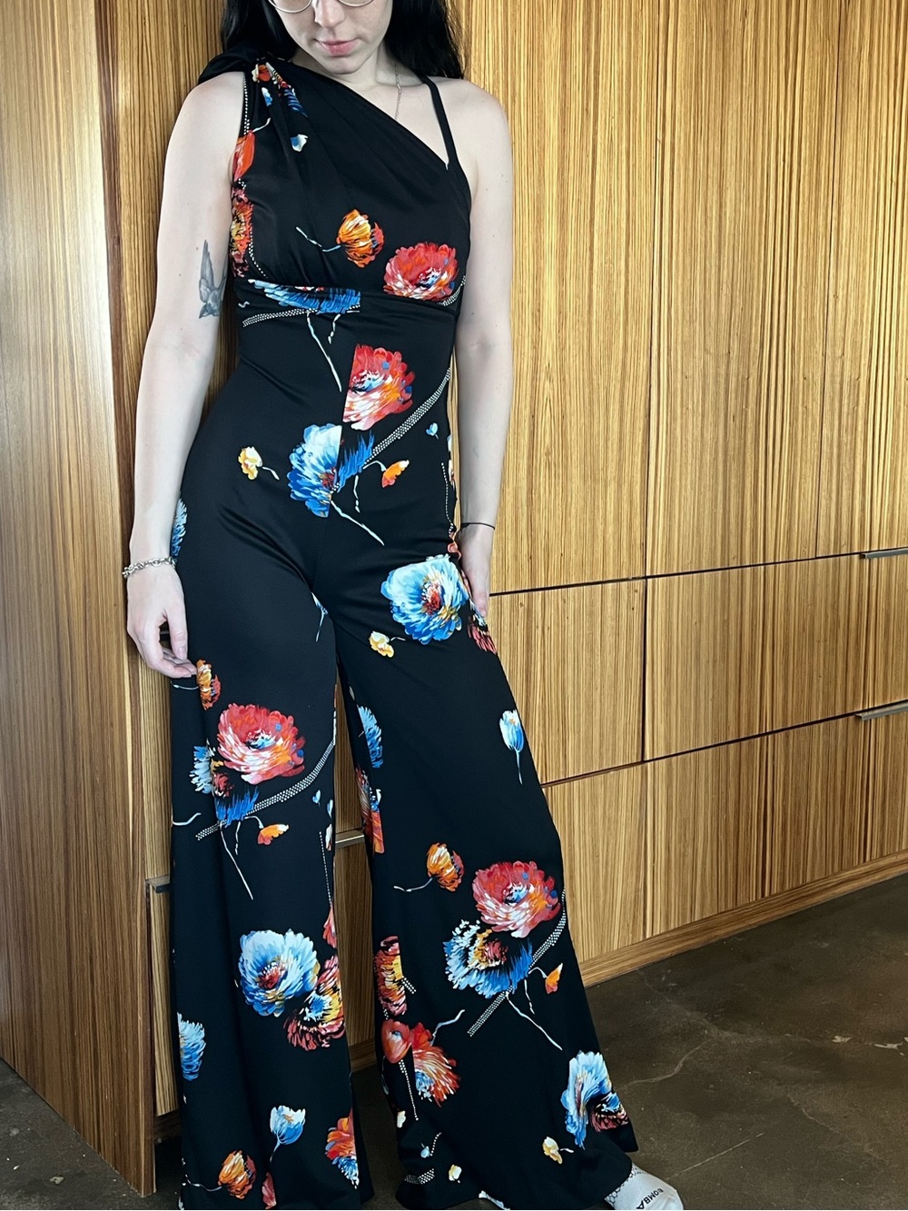 Vintage Floral One-Shoulder Wide-Leg Jumpsuit - Black with Red & Blue Flowers